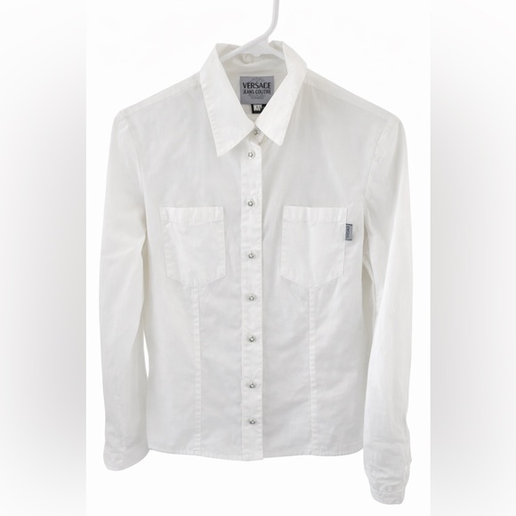 Versace Jeans Collection Tops - Vintage Y2K 90s Versace Jeans Couture White Embellished Button Front Shirt Sz S
